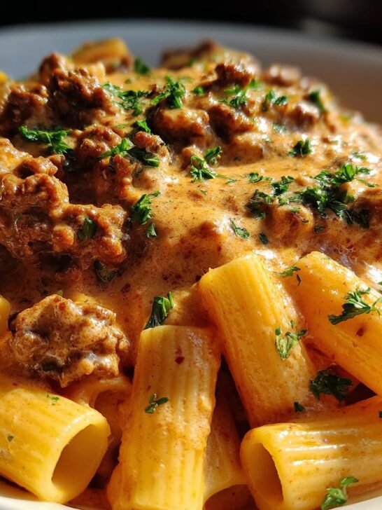 Close-up of rigatoni pasta coated in a rich, creamy Parmesan beef sauce and topped with fresh parsley.