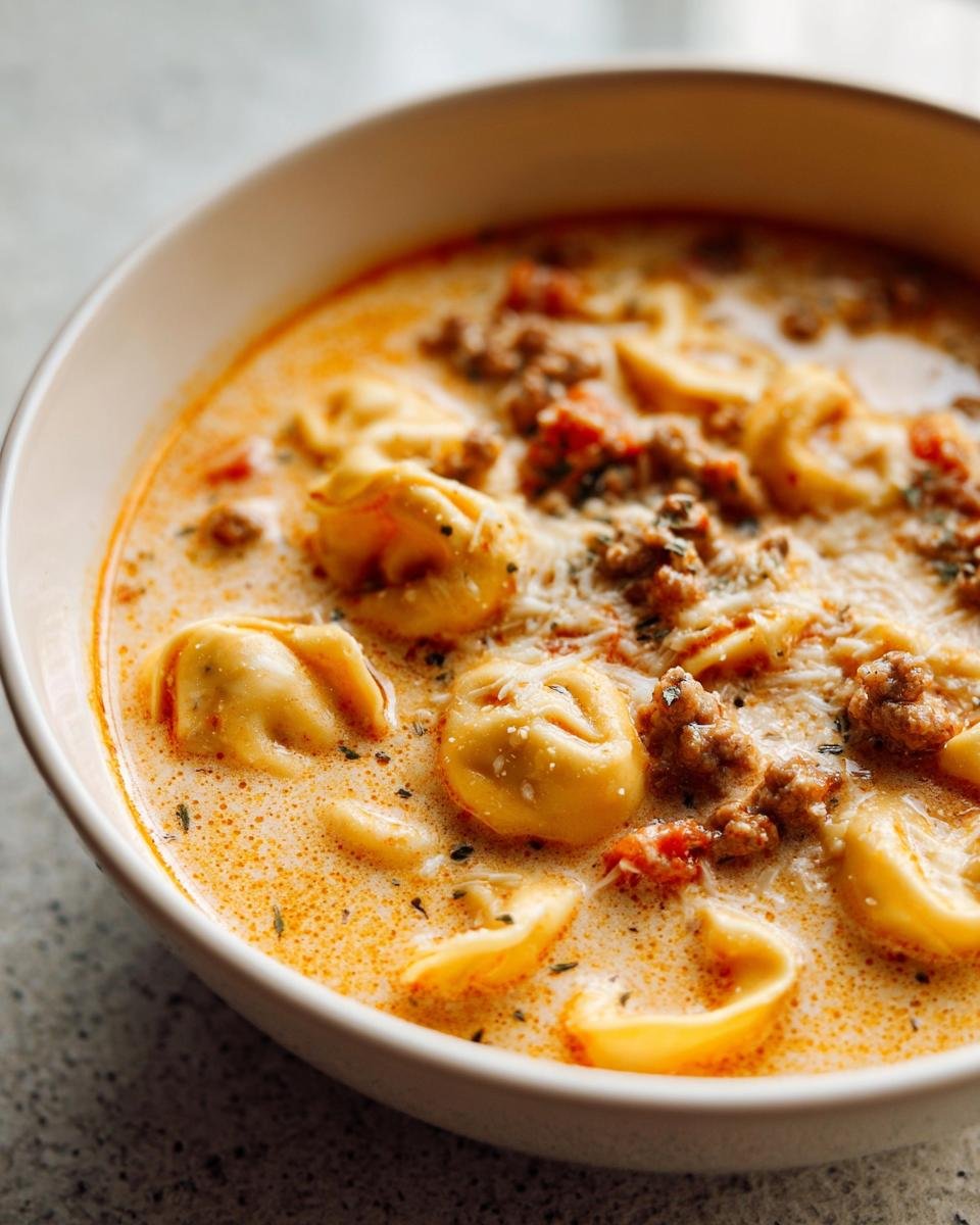 Close-up of a white bowl filled with rich Creamy Sausage Tortellini Soup, featuring tortellini, ground sausage, and cheese.