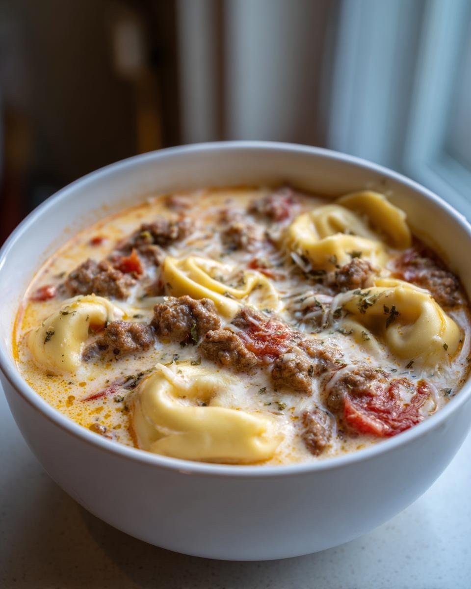 Close-up of a white bowl filled with rich Creamy Sausage Tortellini Soup, showing tortellini, ground sausage, and broth.