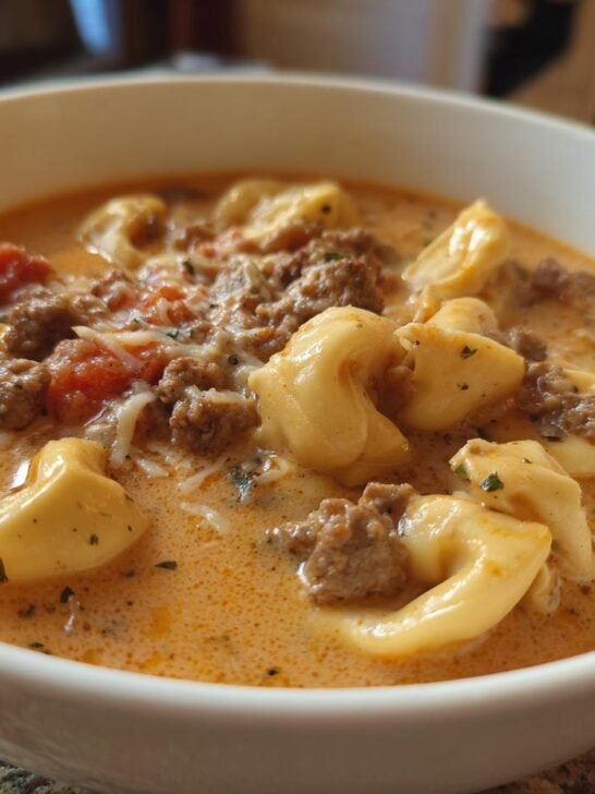 A close-up view of a hearty bowl of Creamy Sausage Tortellini Soup, featuring pasta, ground sausage, and a rich broth.