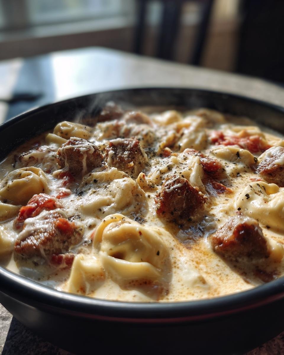 Close-up of a steaming bowl of Creamy Sausage Tortellini Soup featuring tortellini, sausage chunks, and creamy broth.