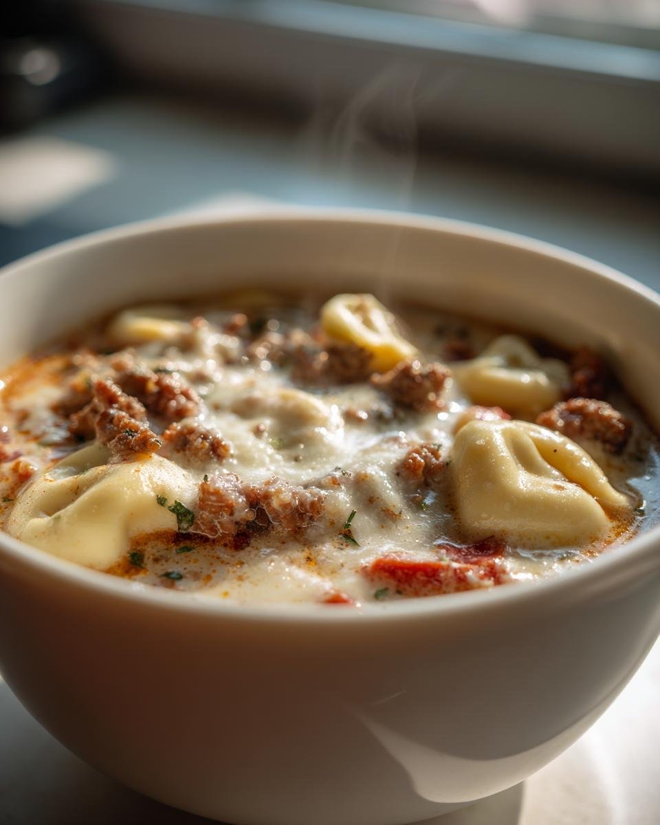 Close-up of a steaming white bowl filled with rich Creamy Sausage Tortellini Soup, showing tortellini and ground sausage.