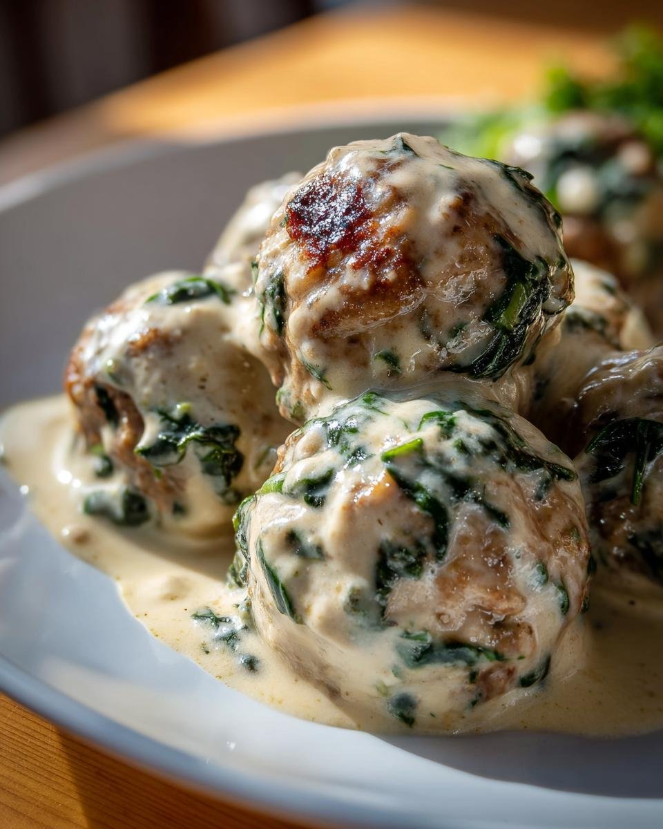 Close-up of several Creamy Spinach Turkey Meatballs smothered in a rich, light-colored sauce.