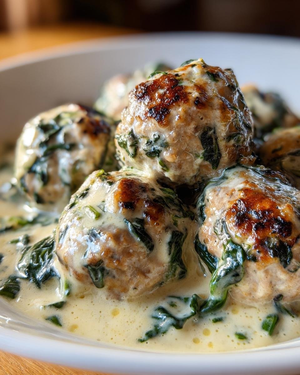 Close-up of browned Creamy Spinach Turkey Meatballs smothered in a rich, creamy white sauce with visible spinach pieces.