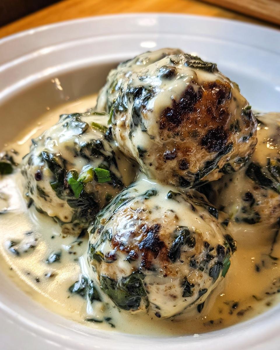Close-up of three juicy Creamy Spinach Turkey Meatballs smothered in a rich, white cream sauce.