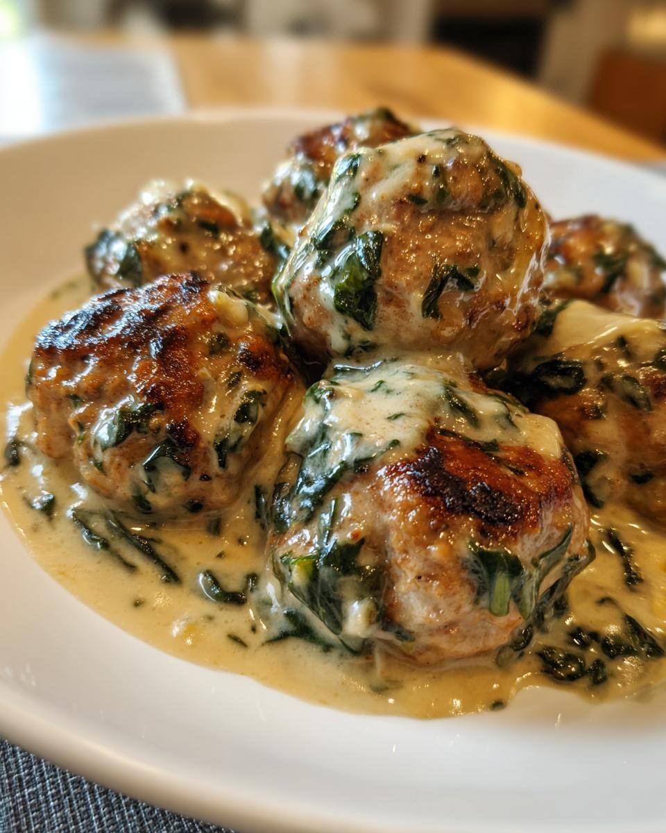 Close-up of browned Creamy Spinach Turkey Meatballs smothered in a rich, creamy sauce with visible spinach pieces.