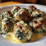 Close-up of several browned Creamy Spinach Turkey Meatballs covered in a rich, light yellow cream sauce.