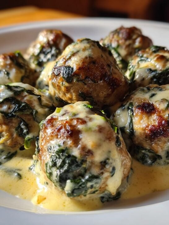 Close-up of several browned Creamy Spinach Turkey Meatballs covered in a rich, light yellow cream sauce.