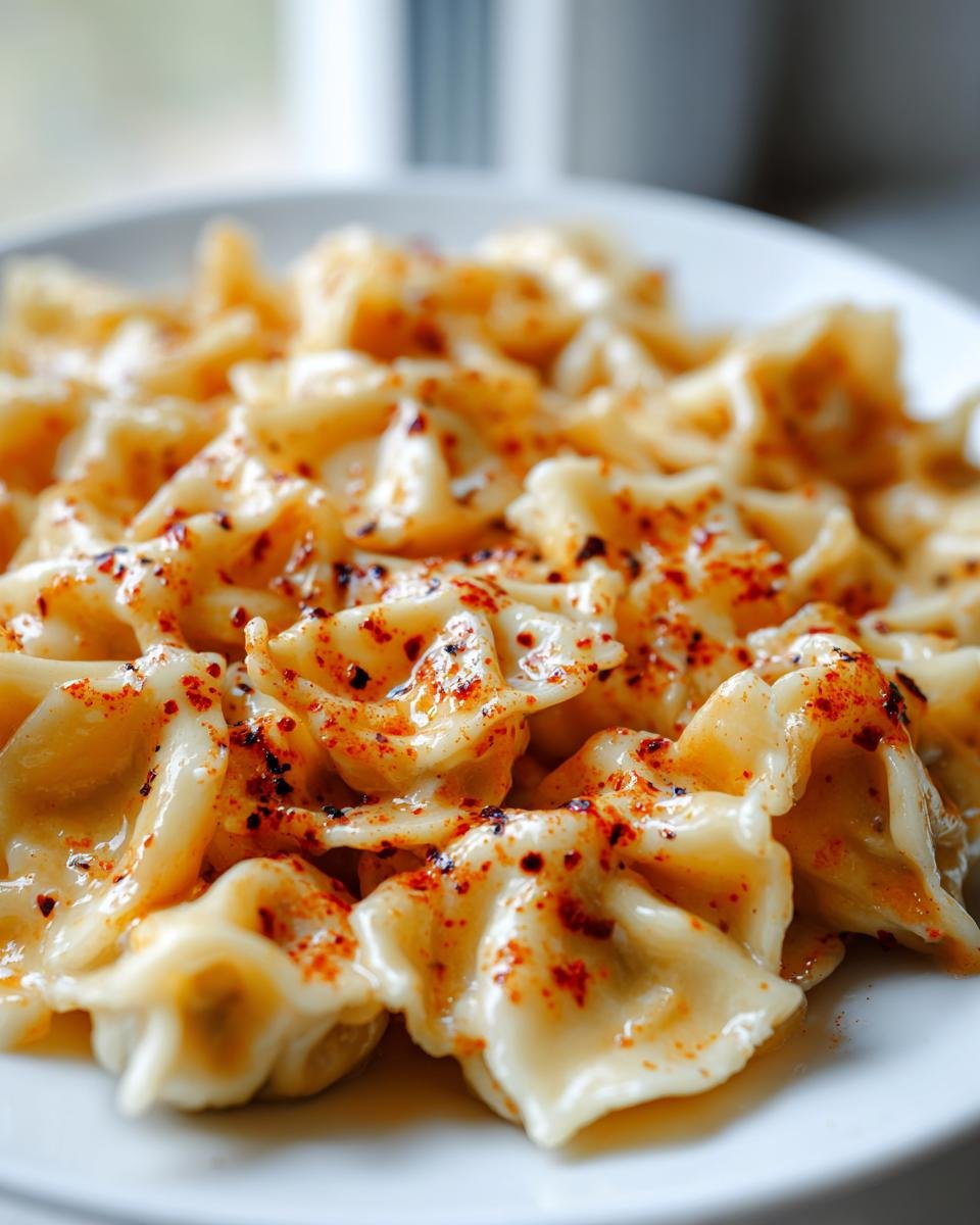 Close-up of creamy Turkish Pasta Recipe dumplings topped with melted butter and red pepper flakes.