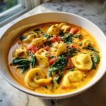 Close-up of a white bowl filled with Creamy Tuscan Garlic Tortellini Soup, featuring tortellini, spinach, and tomatoes.
