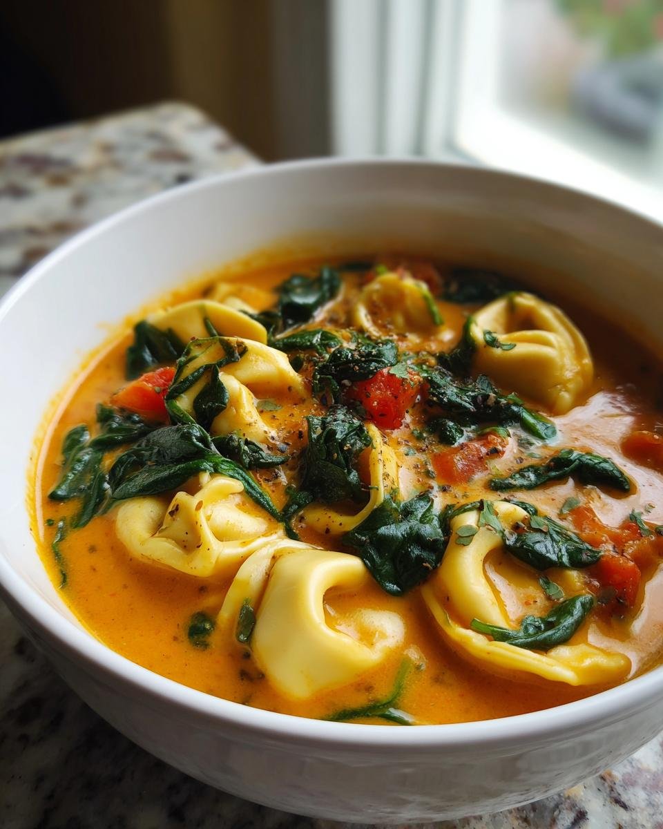 Close-up of a white bowl filled with Creamy Tuscan Garlic Tortellini Soup featuring tortellini, spinach, and tomatoes.