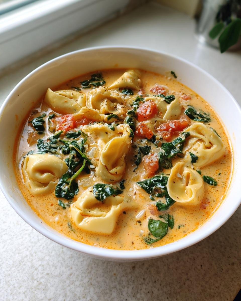 A close-up of a white bowl filled with Creamy Tuscan Garlic Tortellini Soup, featuring tortellini, spinach, and tomatoes in a rich broth.