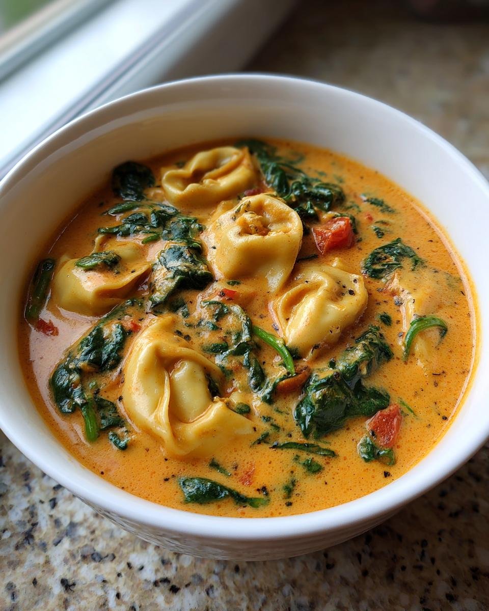 Close-up of a white bowl filled with Creamy Tuscan Garlic Tortellini Soup featuring pasta, spinach, and tomatoes.