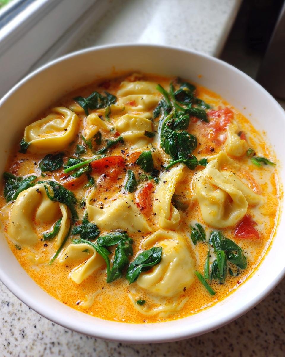 Close-up of a white bowl filled with Creamy Tuscan Garlic Tortellini Soup, featuring tortellini, wilted spinach, and tomatoes in a rich broth.