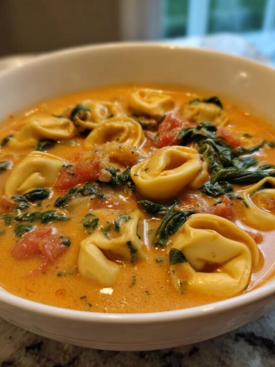 A close-up of a white bowl filled with rich Creamy Tuscan Garlic Tortellini Soup, featuring tortellini, spinach, and tomatoes.