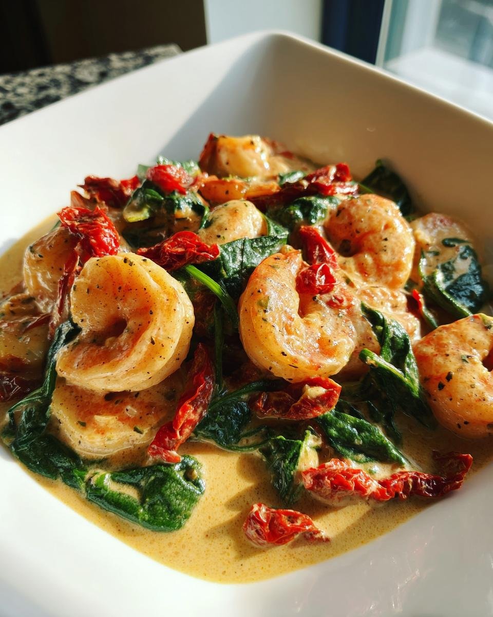 Close-up of succulent shrimp, spinach, and sun-dried tomatoes in a rich sauce, showcasing the Creamy Tuscan Shrimp.