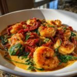 A close-up, appetizing shot of Creamy Tuscan Shrimp served in a white bowl with spinach and sun-dried tomatoes.