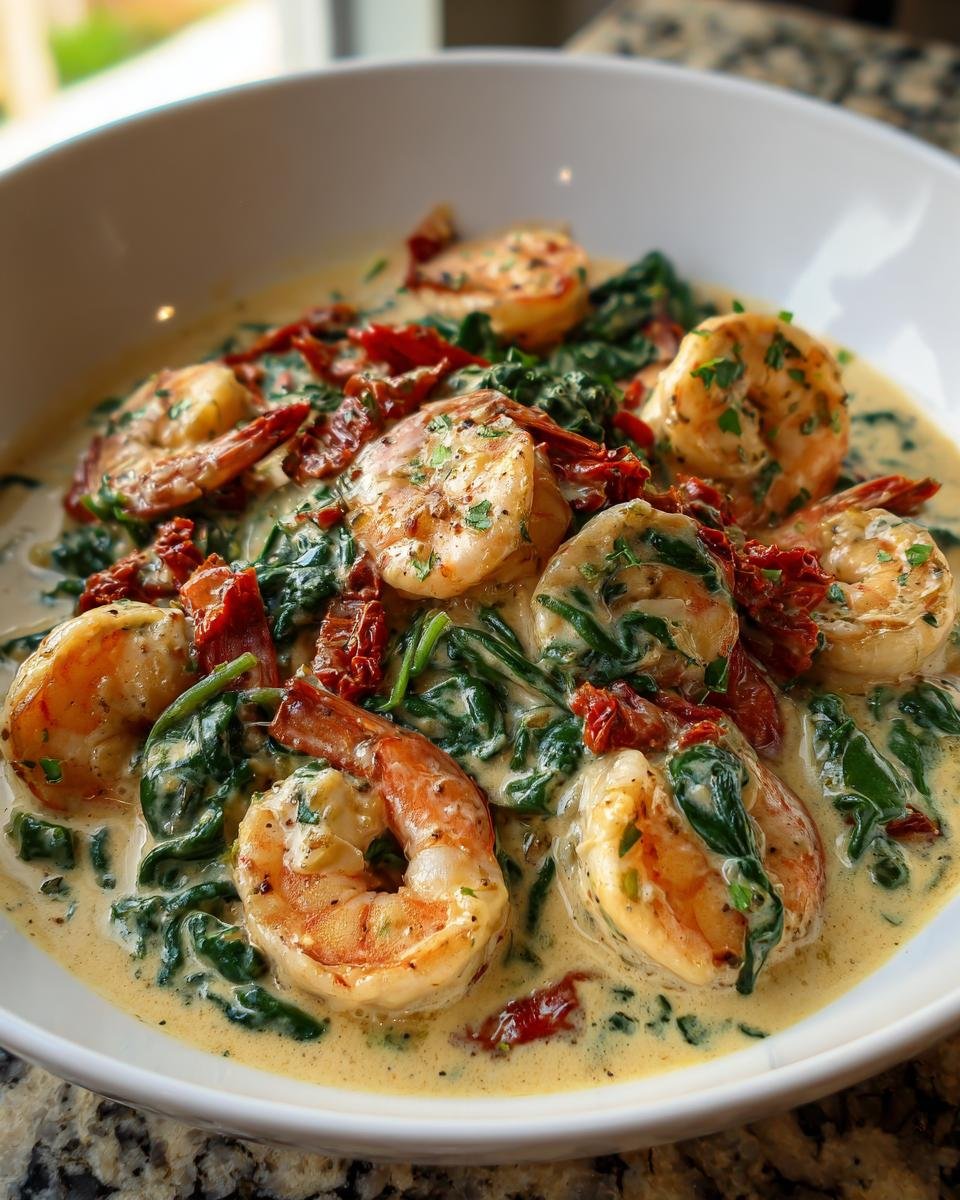 A white bowl filled with Creamy Tuscan Shrimp, spinach, and sun-dried tomatoes in a rich cream sauce.