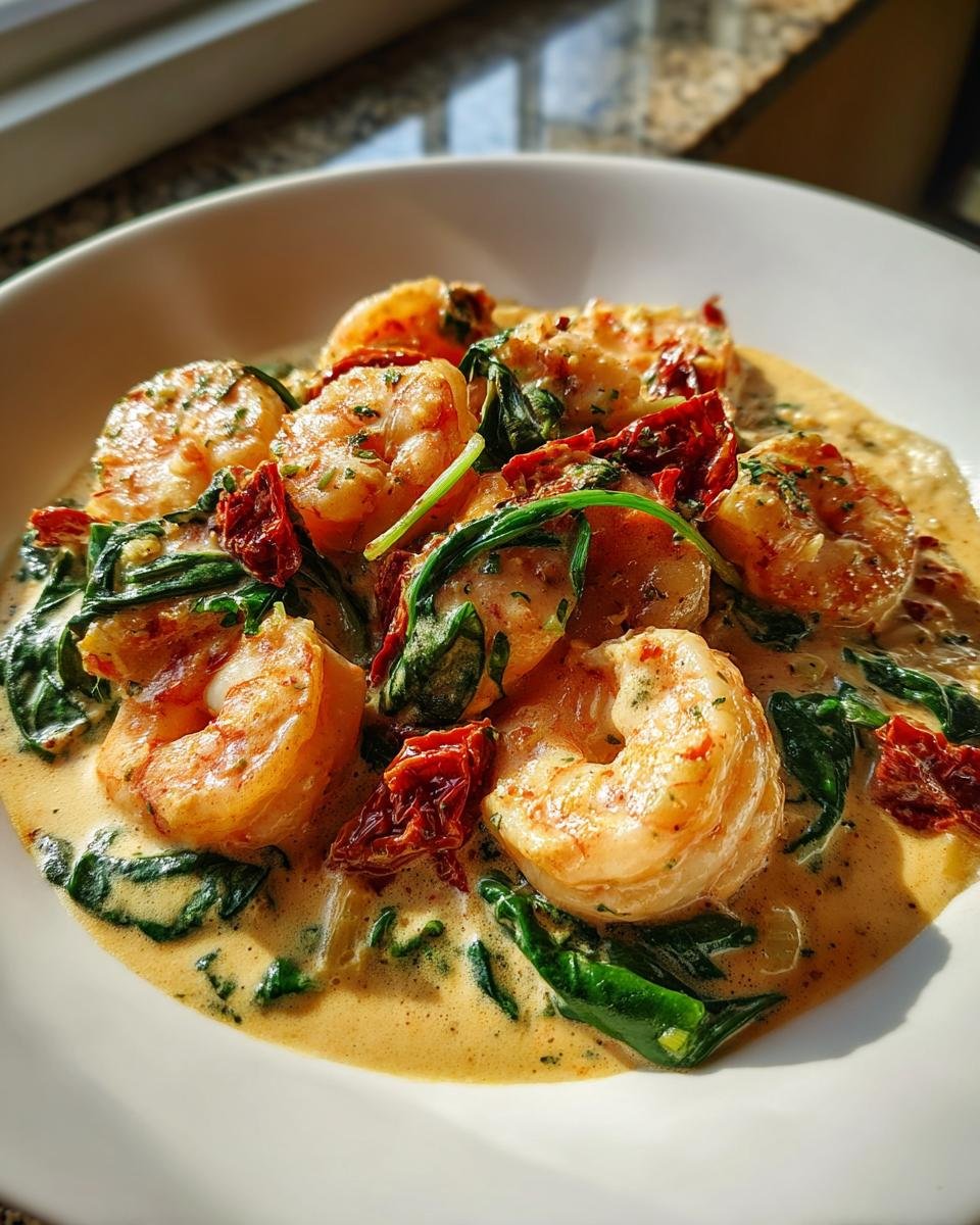 Close-up of perfectly cooked shrimp coated in a rich, creamy sauce with spinach and sun-dried tomatoes, showcasing Creamy Tuscan Shrimp.