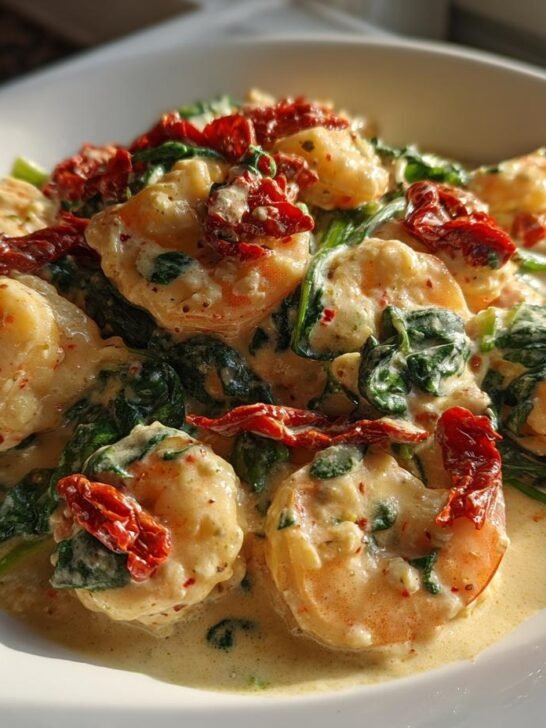 A close-up of perfectly cooked shrimp coated in a rich sauce with spinach and sun-dried tomatoes, showcasing the Creamy Tuscan Shrimp.