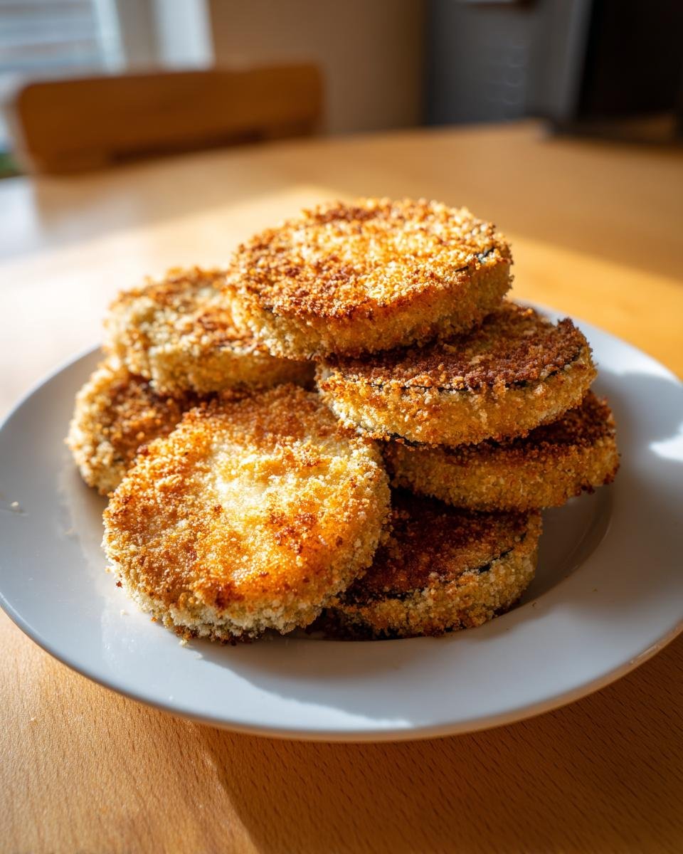 A stack of golden brown, breaded Crispy Baked Eggplant slices piled high on a white plate.