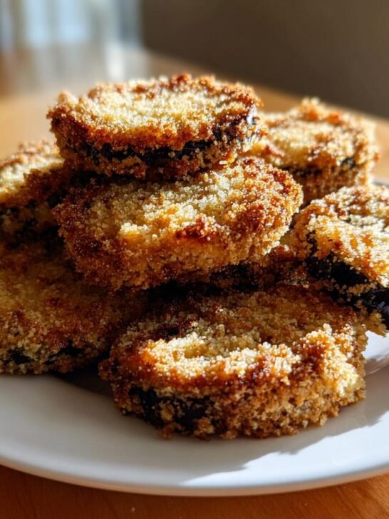 A stack of golden brown, breaded Crispy Baked Eggplant slices piled high on a white plate.