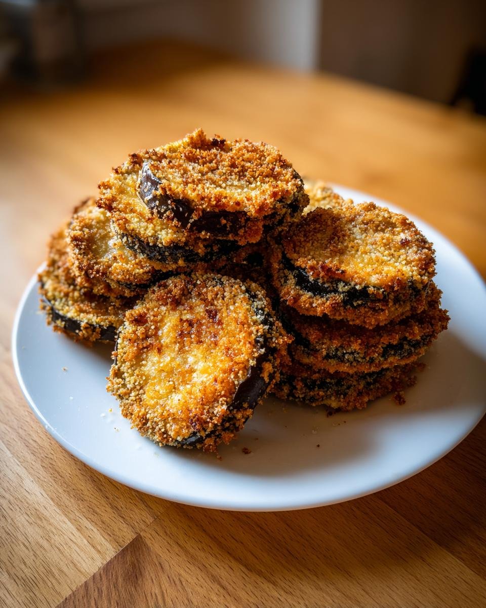 A stack of golden brown, breaded Crispy Baked Eggplant slices piled on a white plate.
