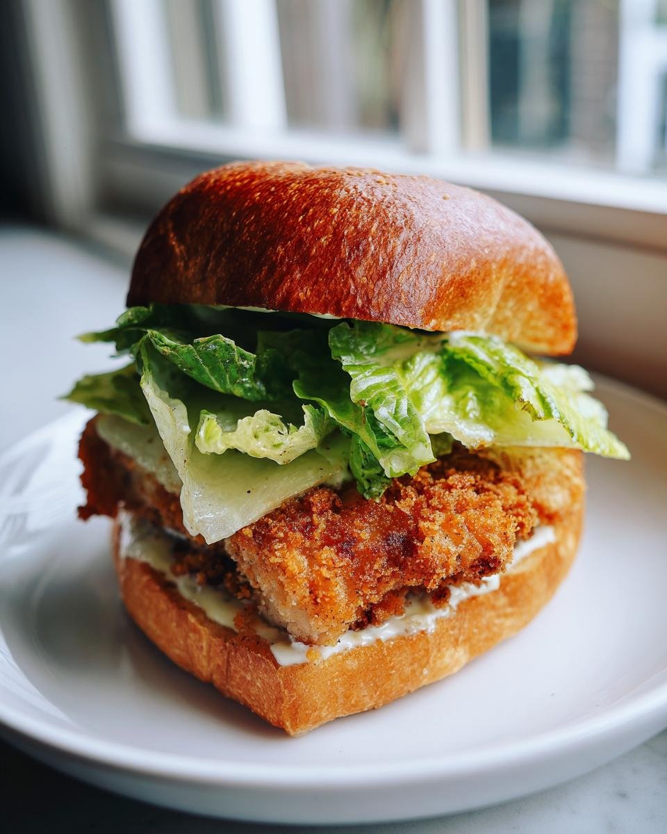 A close-up of a Crispy Chicken Caesar Sandwich featuring a golden fried chicken patty, romaine lettuce, creamy dressing on a toasted bun.