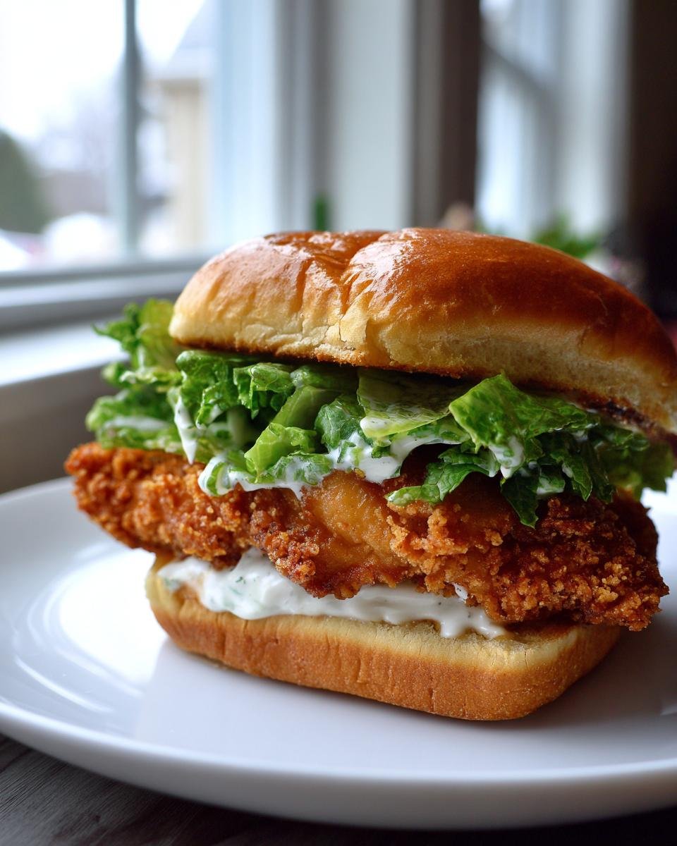 A delicious Crispy Chicken Caesar Sandwich featuring a thick, golden-brown fried chicken fillet, romaine lettuce, and creamy dressing on a toasted bun.