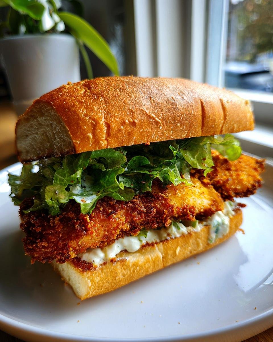 A tall Crispy Chicken Caesar Sandwich featuring a golden-brown fried chicken cutlet, creamy sauce, and lettuce on a crusty roll.