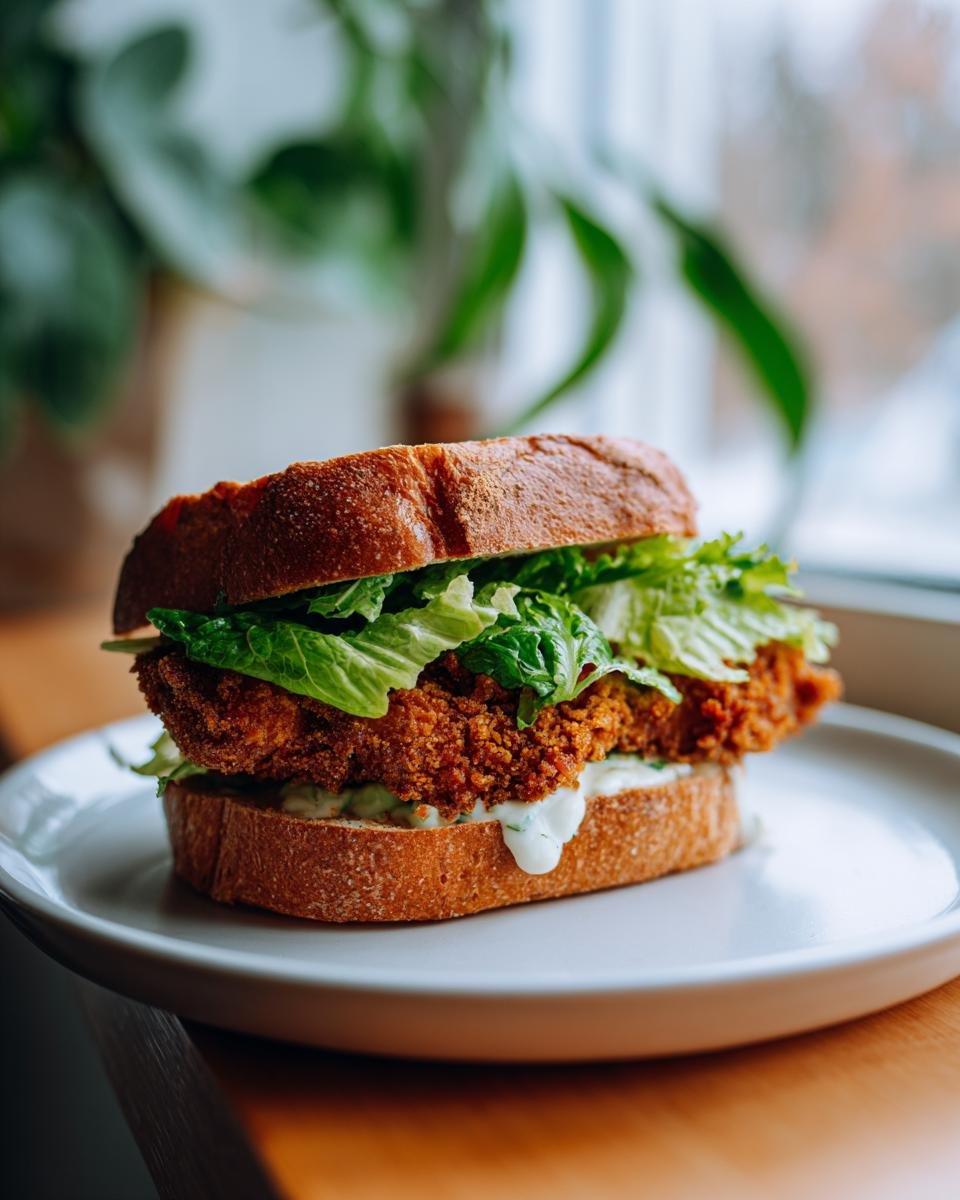 A close-up of a Crispy Chicken Caesar Sandwich featuring a thick fried chicken patty, romaine lettuce, and creamy sauce on toasted bread.