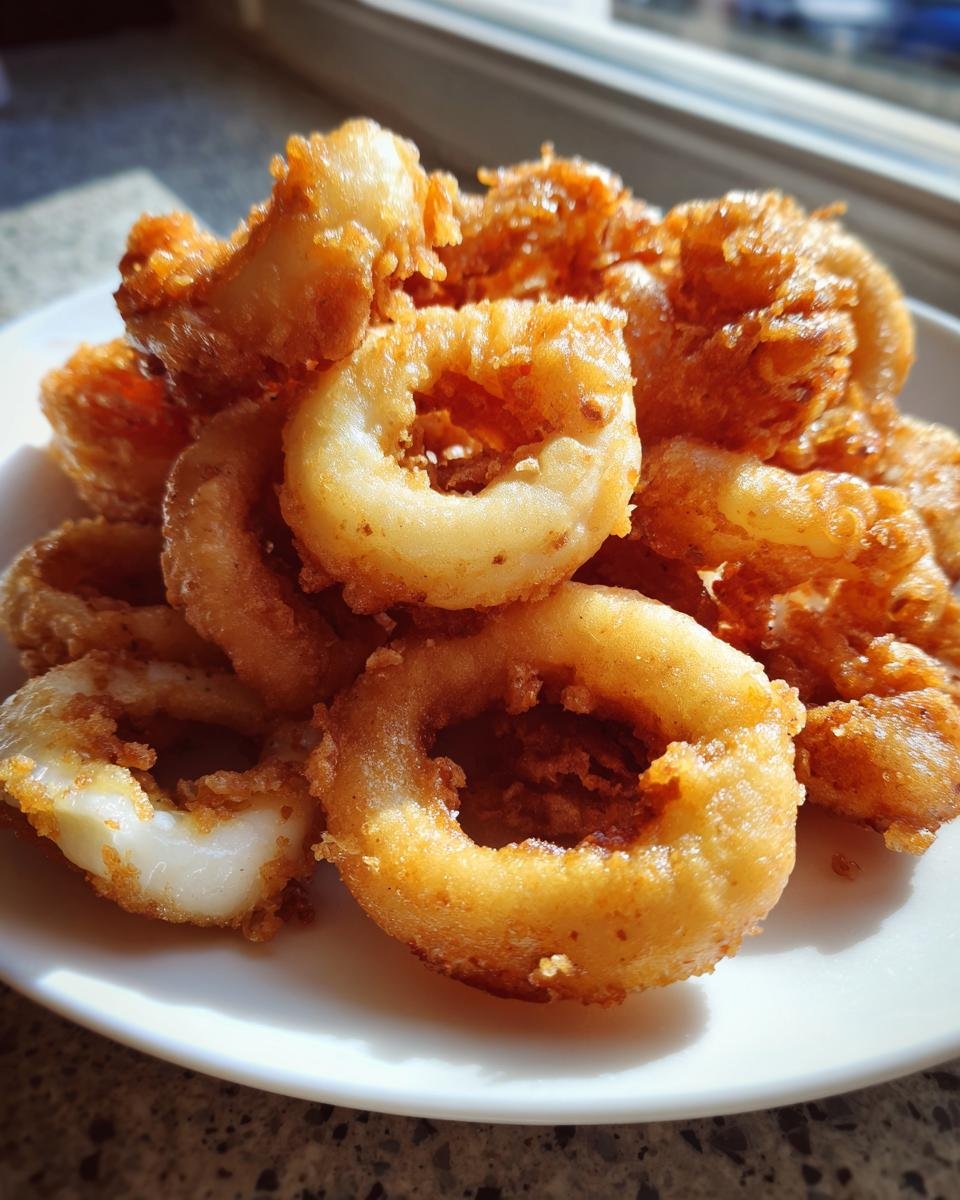 A close-up of golden brown, crispy Deep Fried Calamari rings piled high on a white plate.