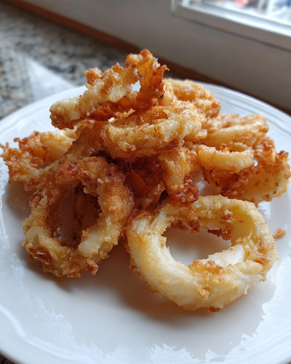 A pile of golden brown, crispy Deep Fried Calamari rings served on a white plate.