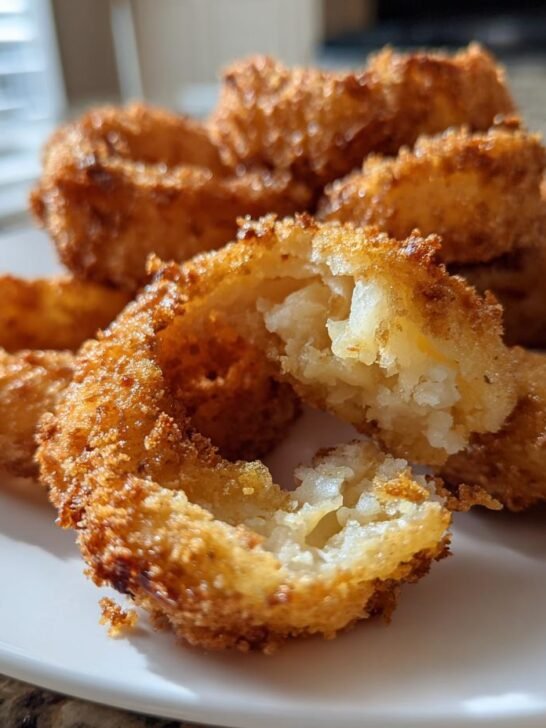 Close-up of golden brown Crispy Homemade Onion Rings, one broken open showing the cooked onion inside.