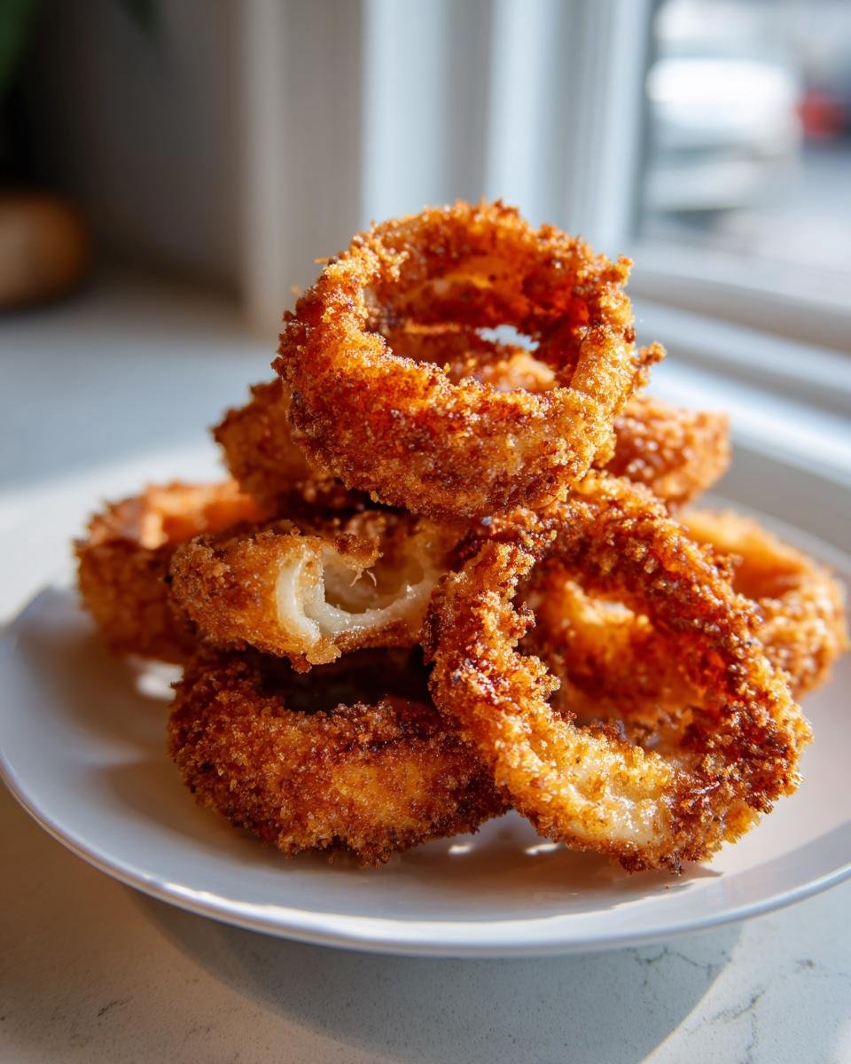 A stack of golden brown, very crispy homemade onion rings piled high on a white plate.