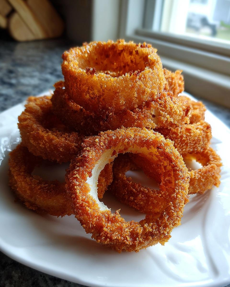 A close-up of perfectly golden brown, crispy homemade onion rings piled high on a white plate.