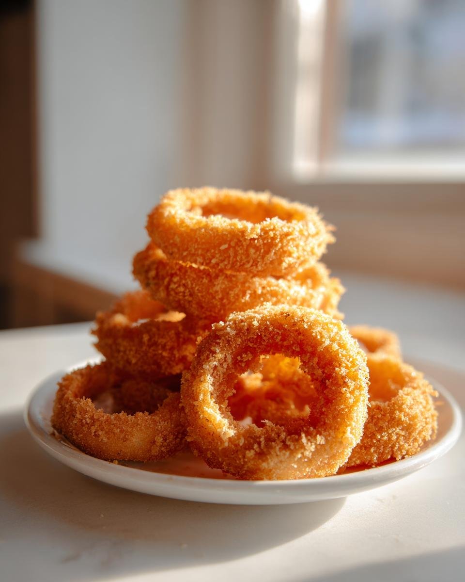 A stack of golden brown, crispy homemade onion rings piled high on a small white plate.