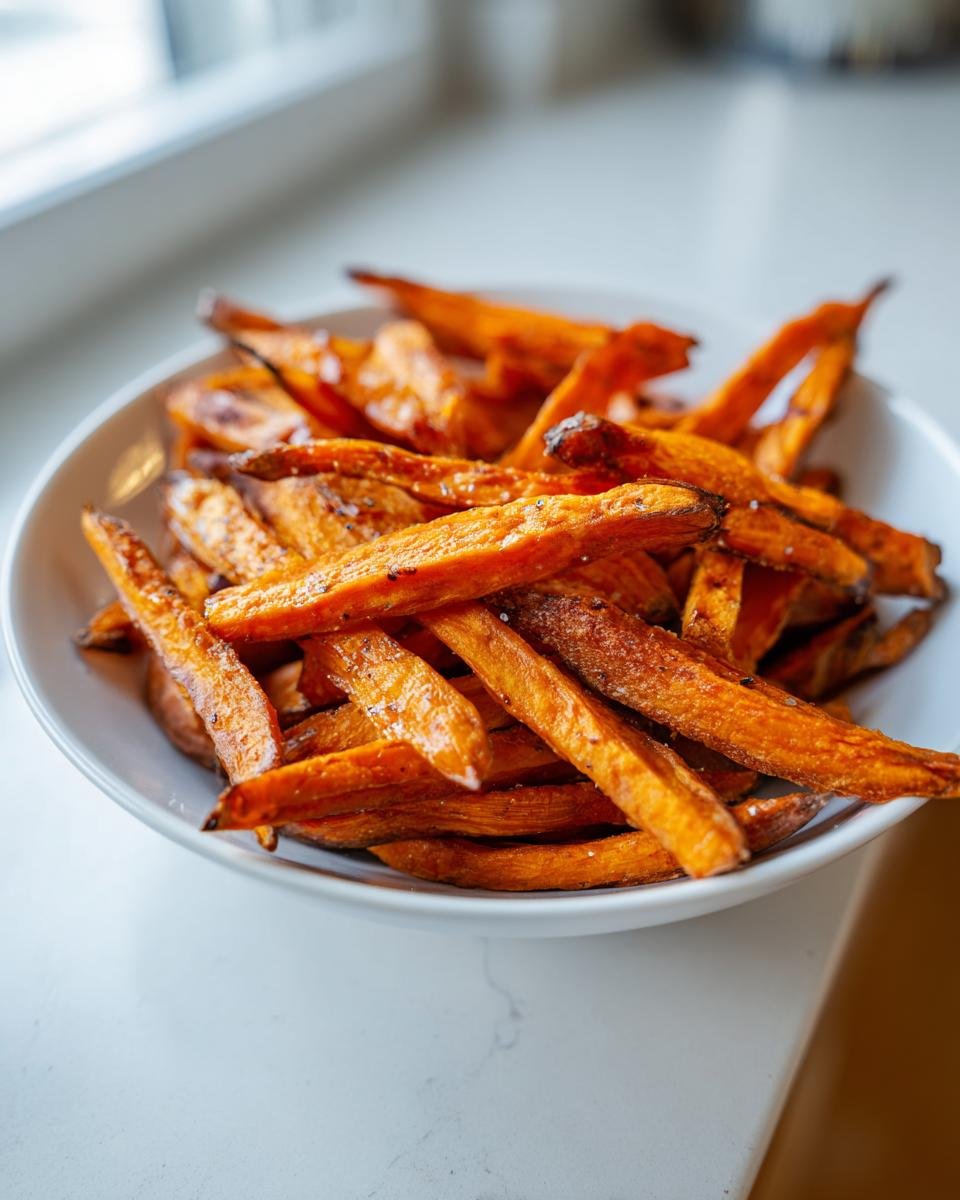A white bowl filled with perfectly cooked, crispy oven baked sweet potato fries, lightly seasoned.