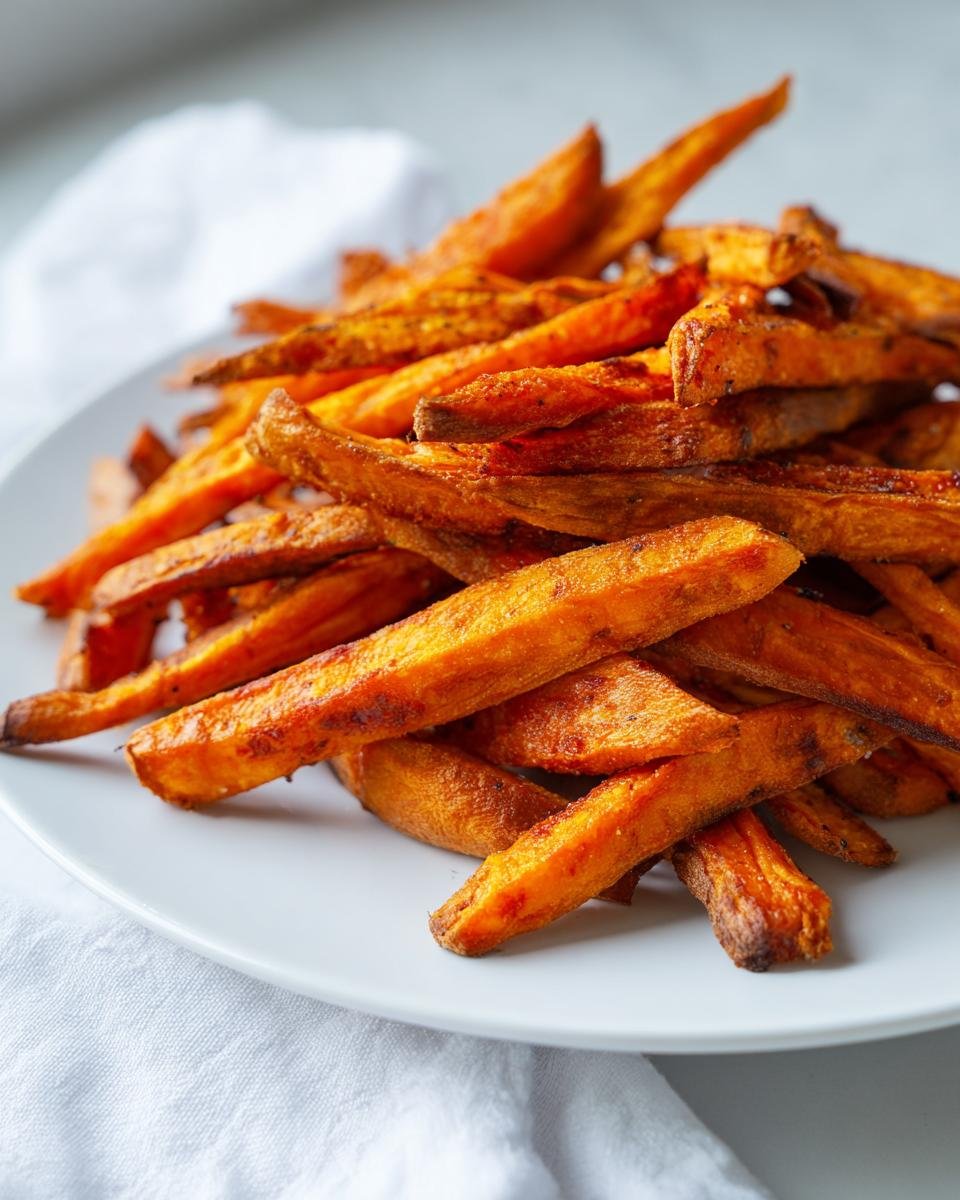 A close-up of a mound of golden brown, crispy oven baked sweet potato fries on a white plate.