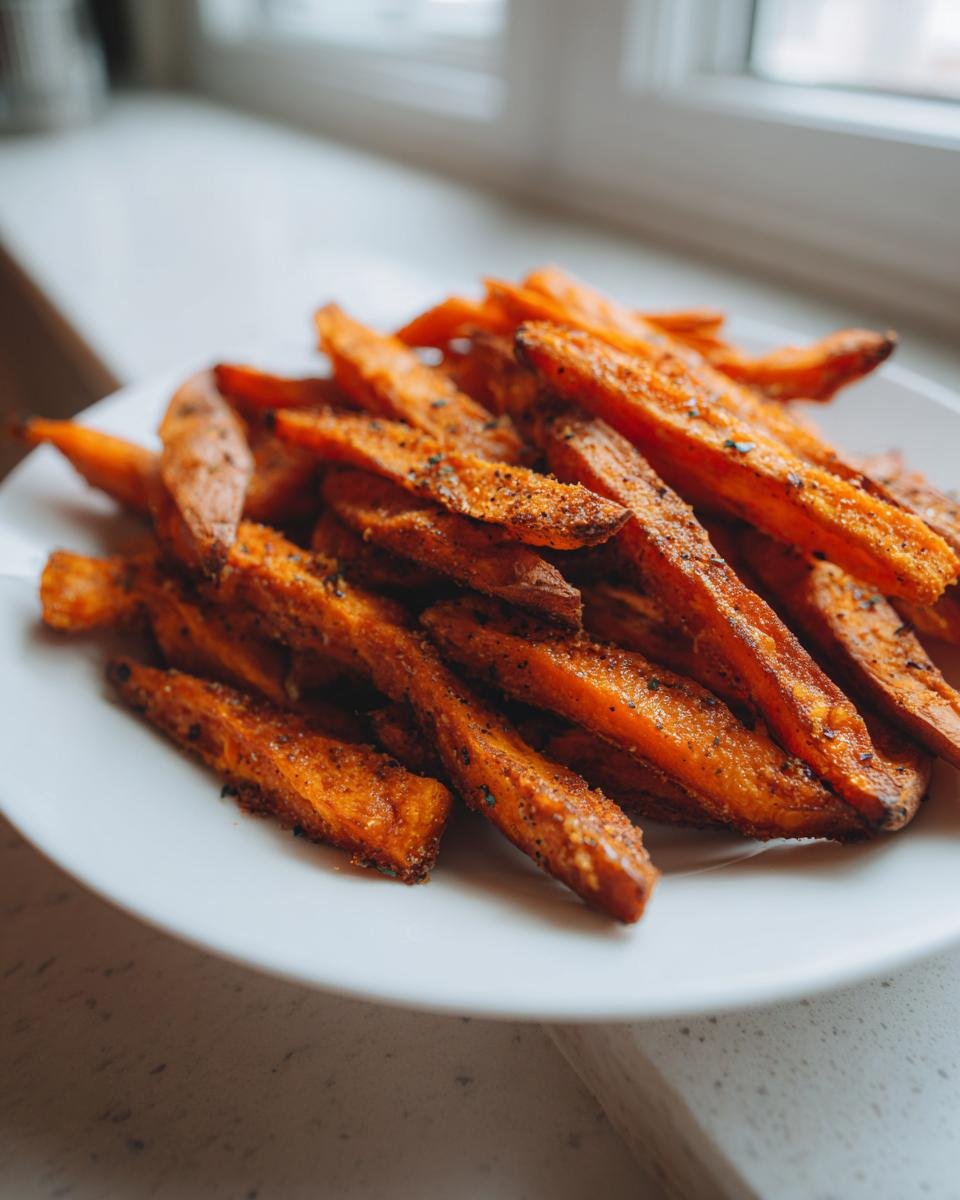 A pile of seasoned, crispy oven baked sweet potato fries served on a white plate near a window.
