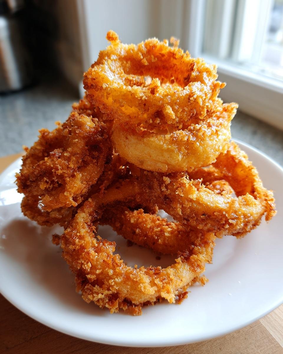 A stack of golden brown, crispy fried Tennessee Onions rings piled high on a white plate.