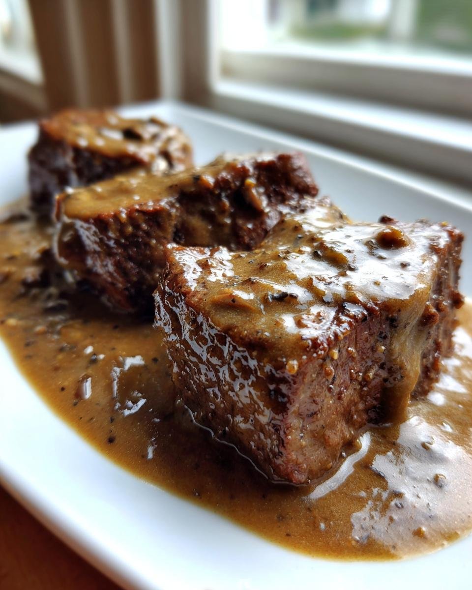 Three tender pieces of Crock Pot Cubed Steak covered in a thick, peppery brown gravy served on a white plate.