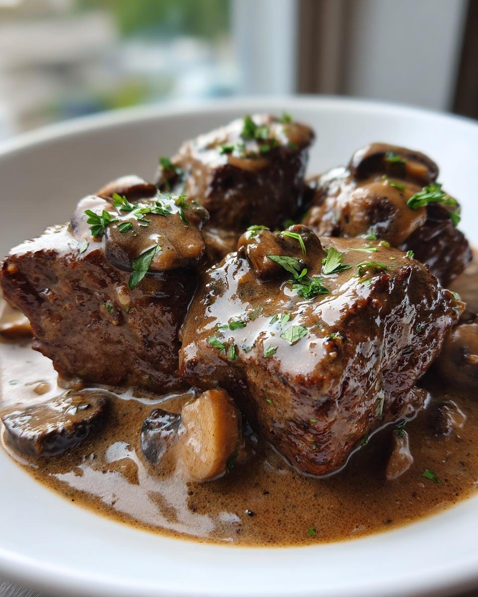 Close-up of tender Crock Pot Cubed Steak pieces smothered in rich mushroom gravy and garnished with parsley.