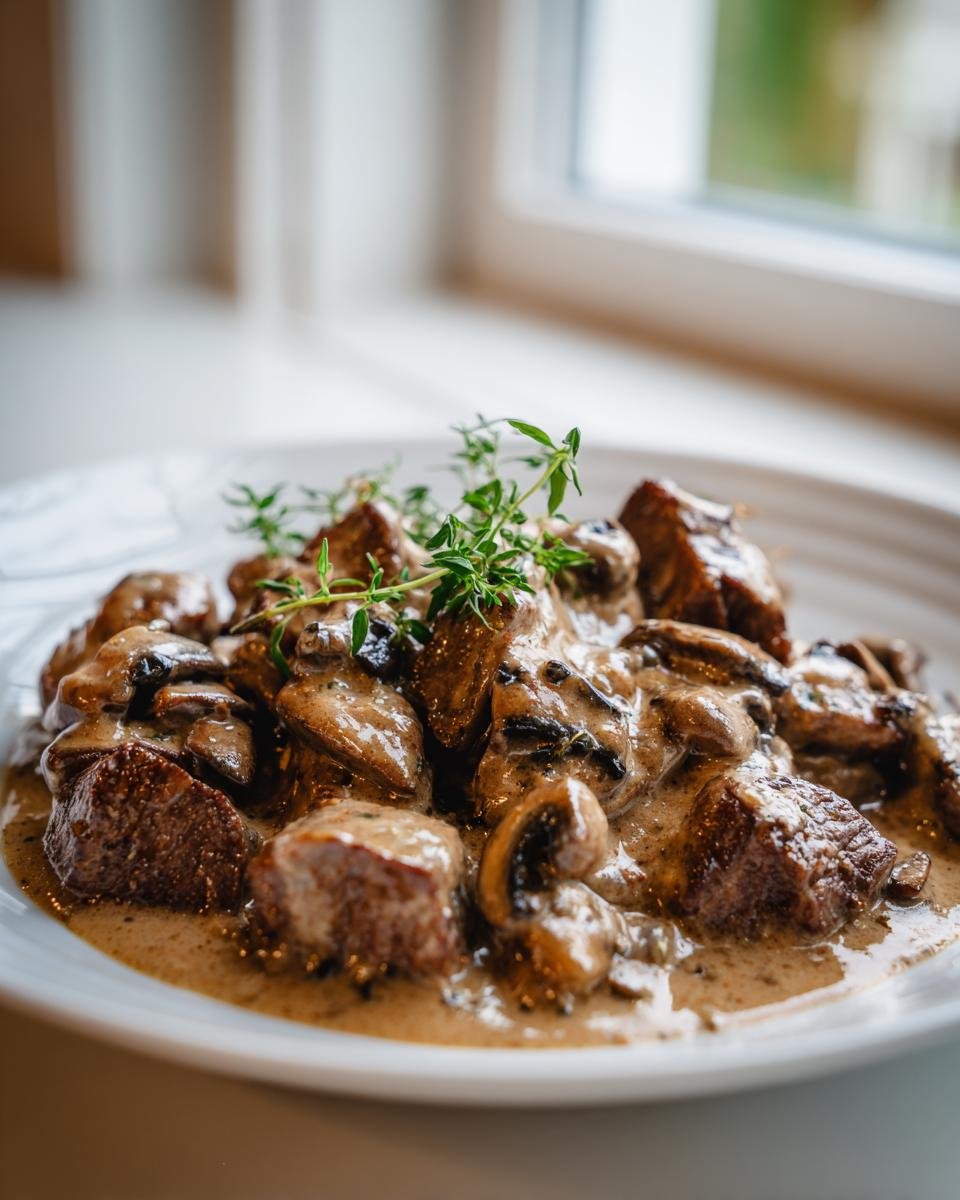 Close-up of tender Crock Pot Cubed Steak pieces smothered in a rich, creamy mushroom gravy and garnished with fresh thyme.