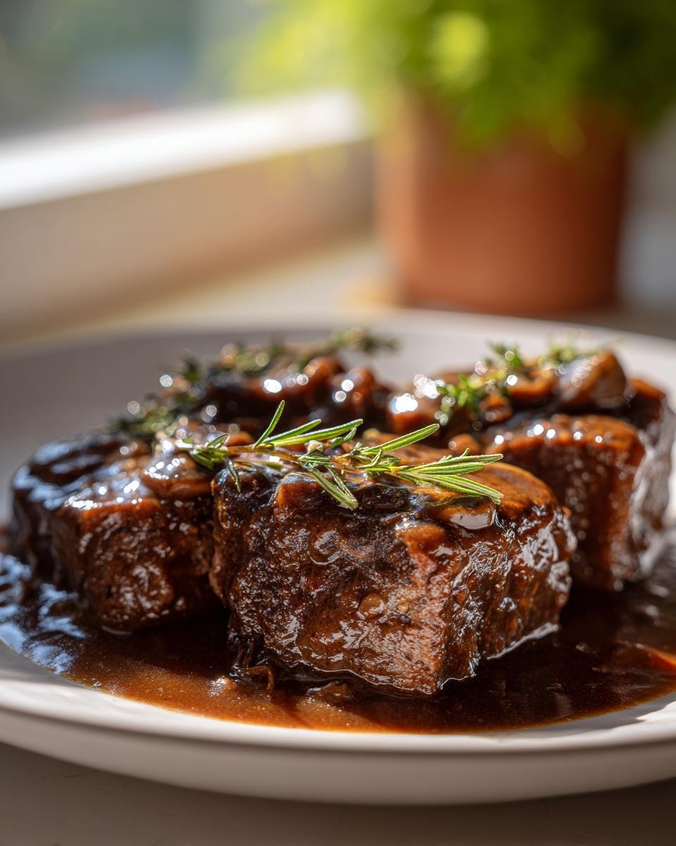 Close-up of tender Crock Pot Cubed Steak pieces smothered in dark brown gravy and garnished with fresh rosemary.
