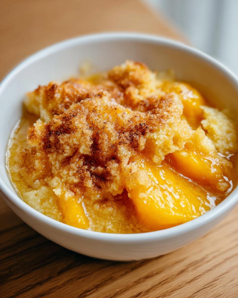 Close-up of a warm serving of Crock Pot Peach Cobbler with a sugary, cinnamon topping in a white bowl.