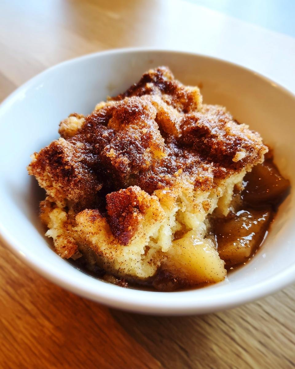 A close-up of a serving of warm Crock Pot Peach Cobbler with a cinnamon-sugar topping in a white bowl.