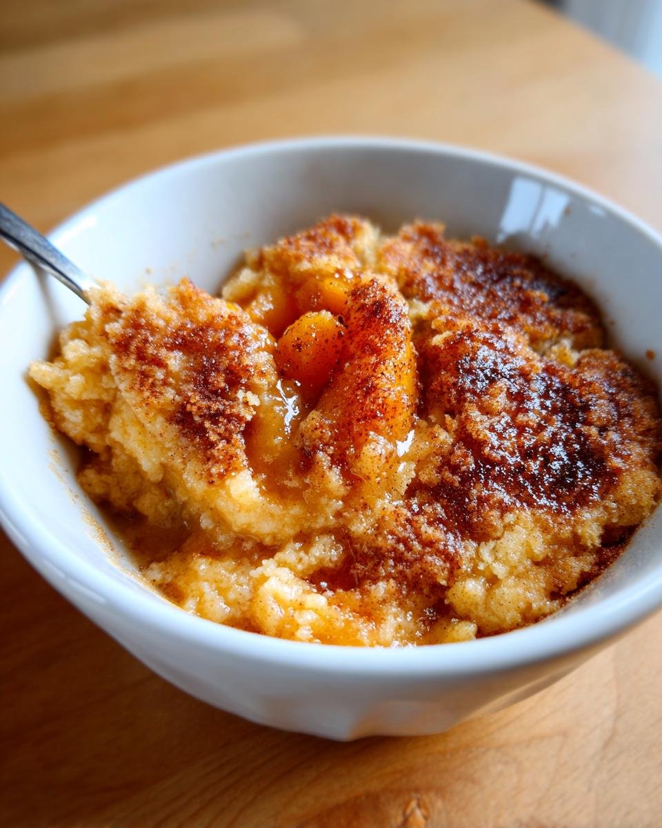 Close-up of a warm serving of Crock Pot Peach Cobbler in a white bowl, topped with cinnamon.