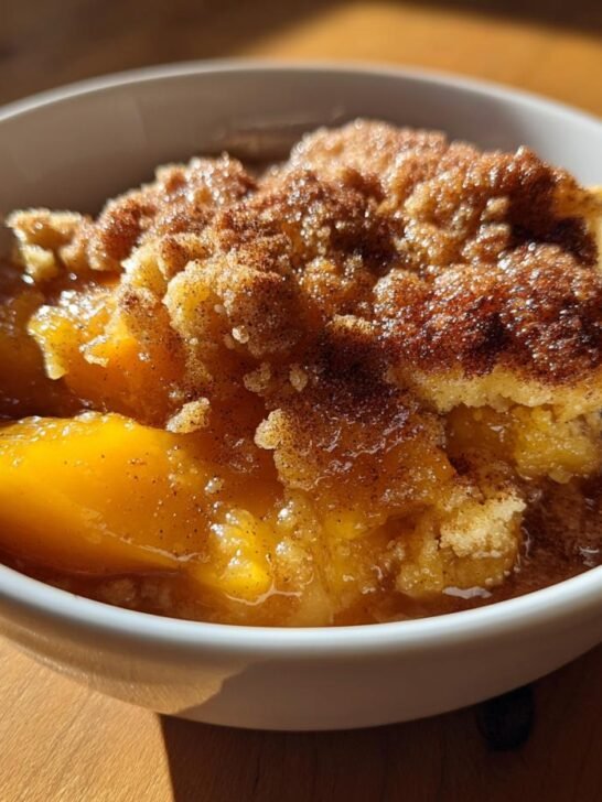 A close-up of a warm serving of Crock Pot Peach Cobbler topped with cinnamon sugar in a white bowl.