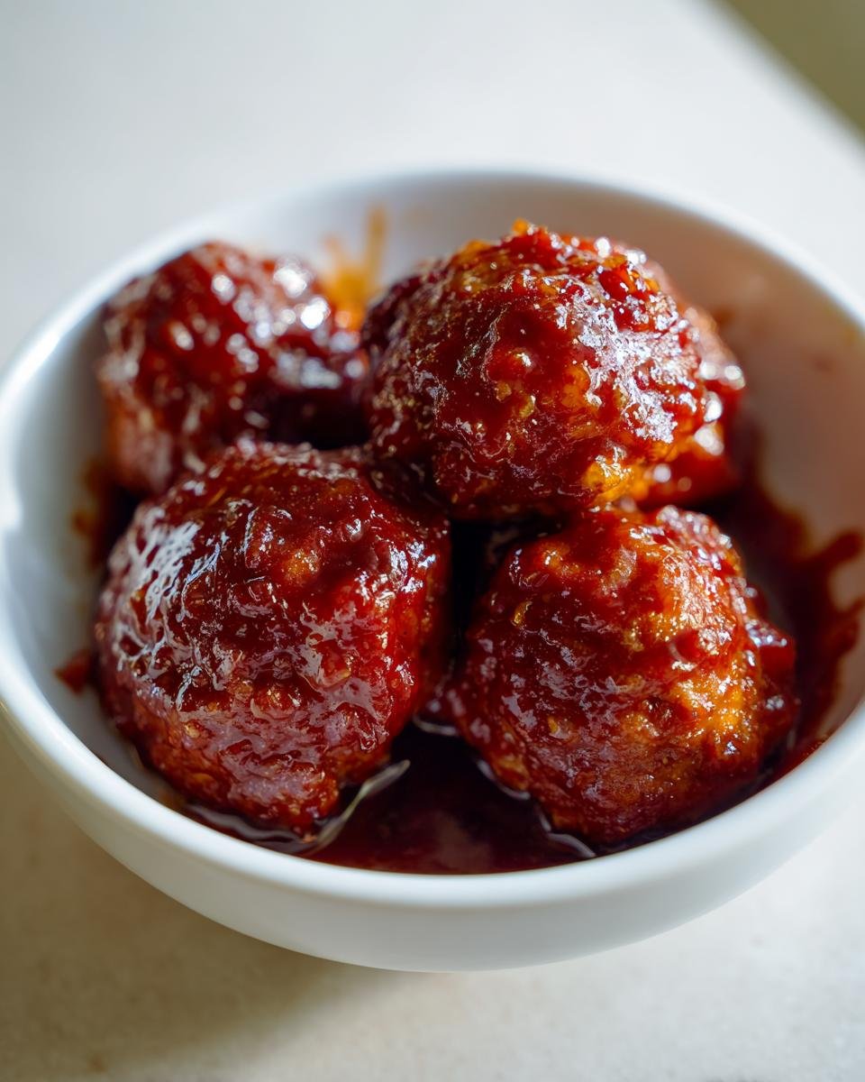 Four glossy, sauce-covered Crockpot Hawaiian Meatballs served in a small white bowl.